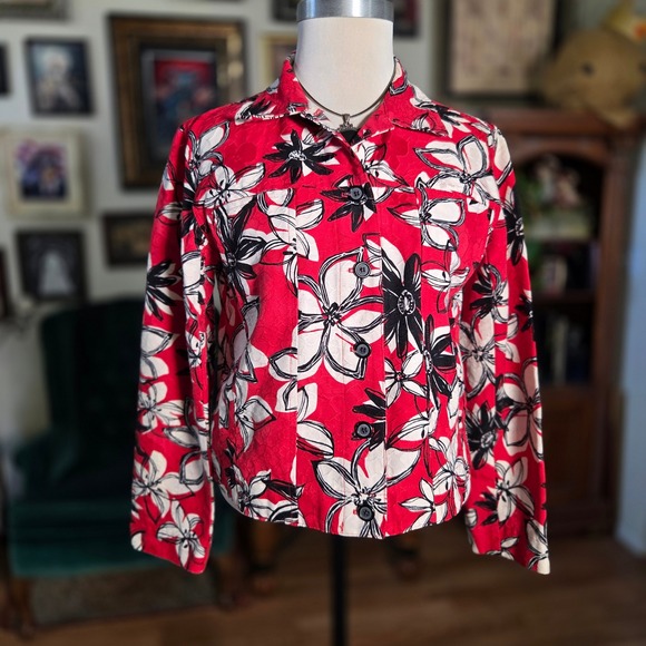 Vintage 90s Brooke Coleman Red Floral Button Front Long Sleeve Hawaiian Jacket - Picture 2 of 8